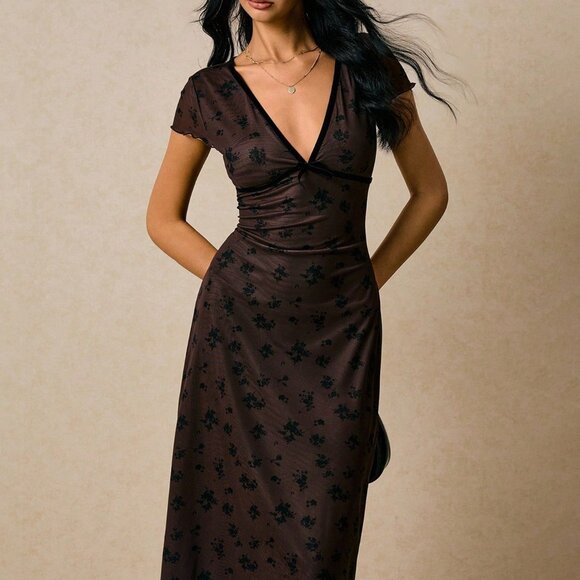 Brown Elegant Women's Floral Print Mesh Midi Dress - Picture 7 of 7